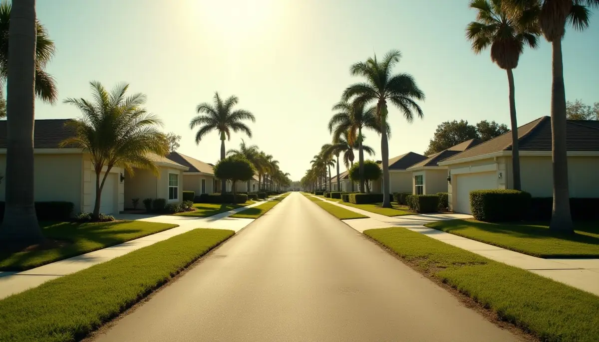 Florida residential street of single storey homes with clipped lawns and palm trees under strong midday sun