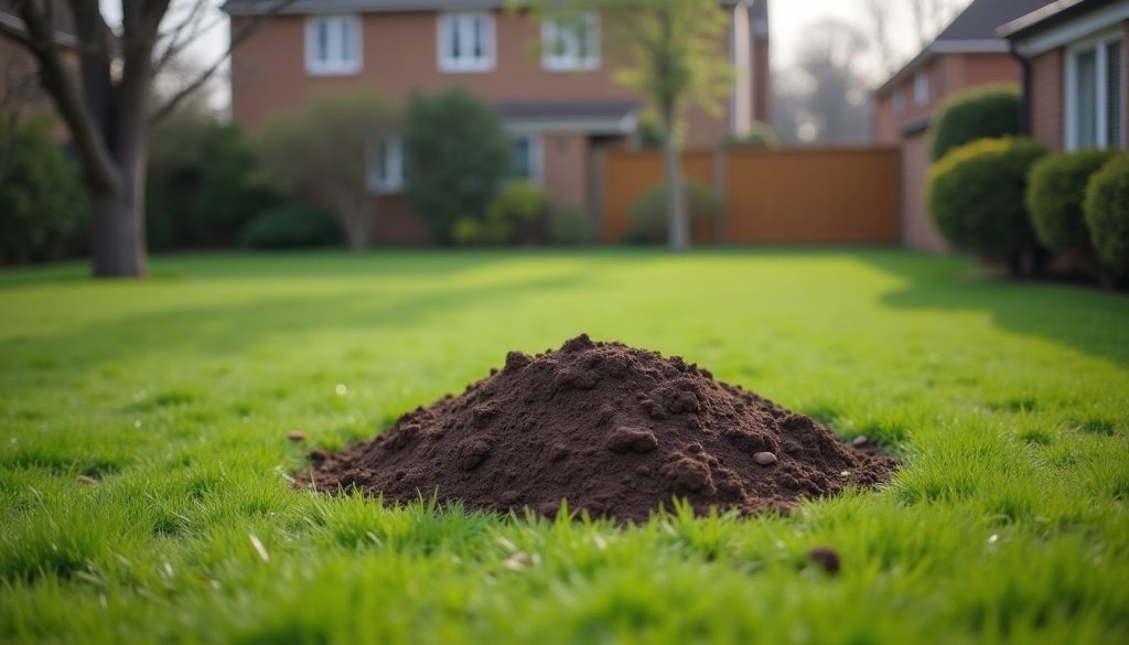 Suburban back lawn in early spring with raised soil ridges and a small conical mound of earth
