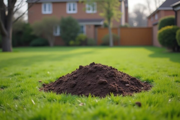Suburban back lawn in early spring with raised soil ridges and a small conical mound of earth