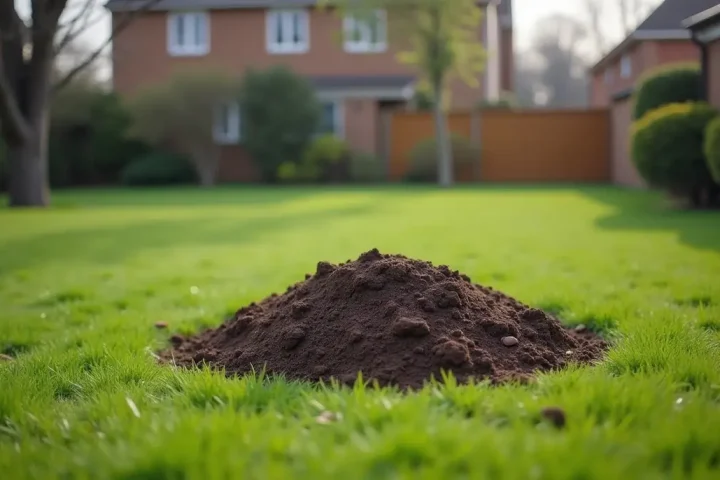 Suburban back lawn in early spring with raised soil ridges and a small conical mound of earth