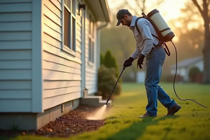 Pest control technician treating along the exterior foundation of a suburban house on a routine visit