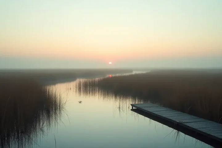 Coastal wetland with standing water, reeds and a boardwalk at dawn