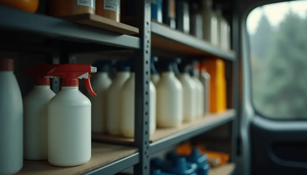 Organised service vehicle interior with unmarked containers and a sprayer in a shelving rack