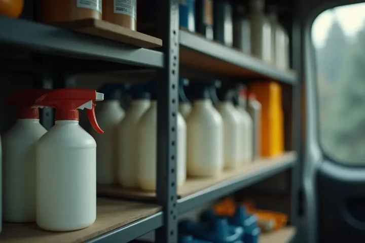 Organised service vehicle interior with unmarked containers and a sprayer in a shelving rack