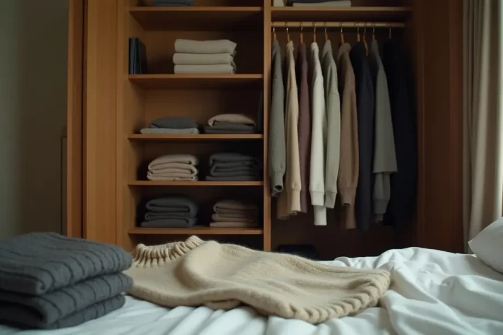 Open wardrobe with folded woollen knitwear and hanging garments being inspected for clothes moth damage