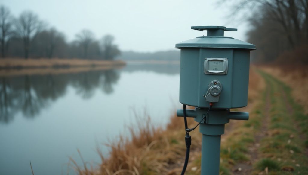 Water sampling station on a riverbank with plain instrument housing and still water