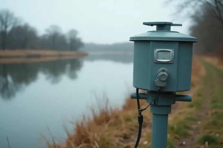 Water sampling station on a riverbank with plain instrument housing and still water