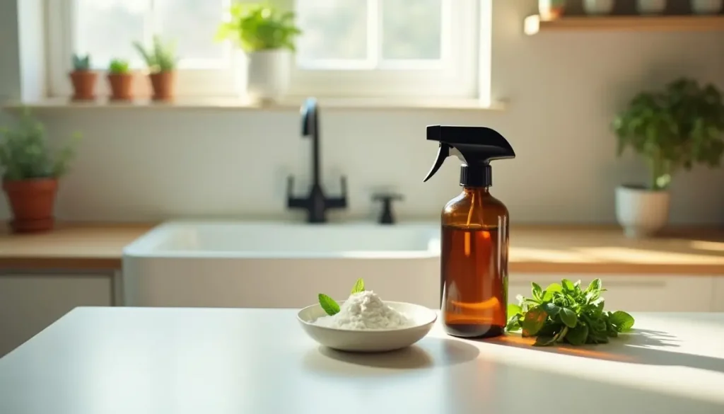 Kitchen worktop with a plain amber glass spray bottle, a dish of white powder and fresh mint