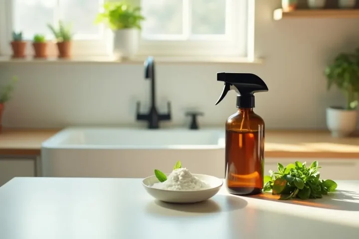 Kitchen worktop with a plain amber glass spray bottle, a dish of white powder and fresh mint