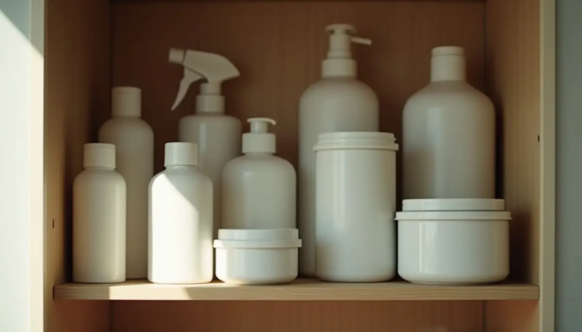 Cupboard shelf holding plain unlabelled bottles and jars of household liquids and powders