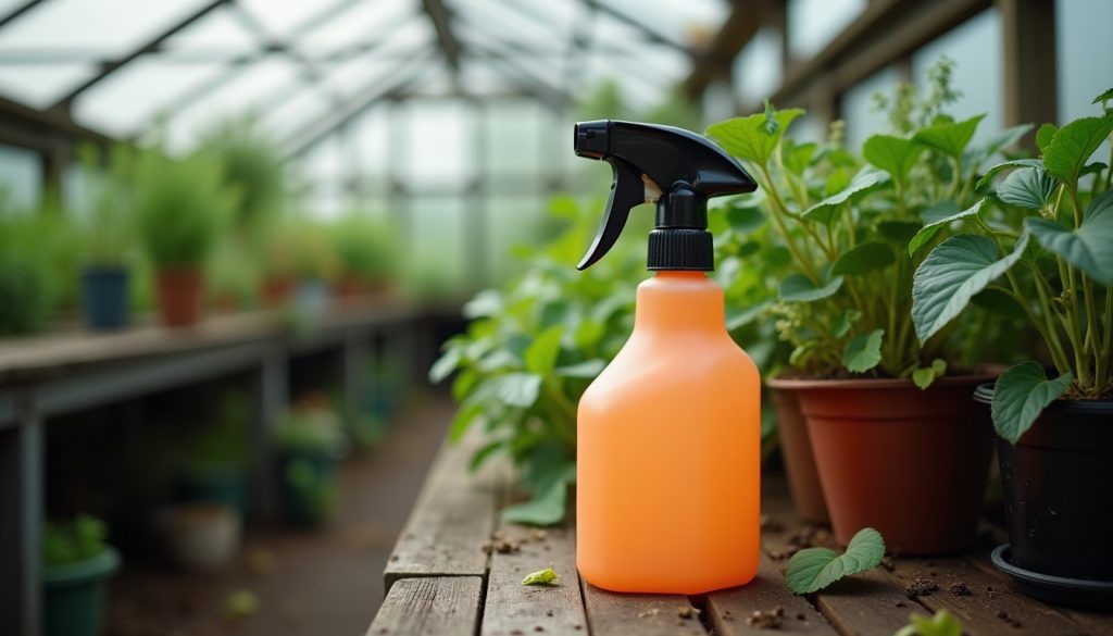 Hand sprayer resting on a potting bench beside leafy green plants in a greenhouse
