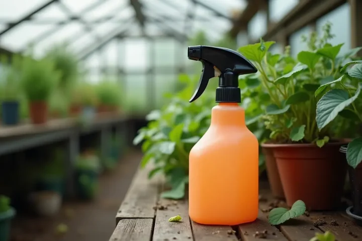 Hand sprayer resting on a potting bench beside leafy green plants in a greenhouse