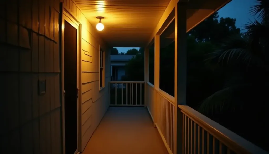 Warm Florida porch at night with a screen door and a lit bulb overhead, palmetto leaves beyond