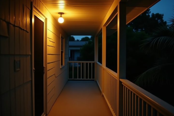 Warm Florida porch at night with a screen door and a lit bulb overhead, palmetto leaves beyond