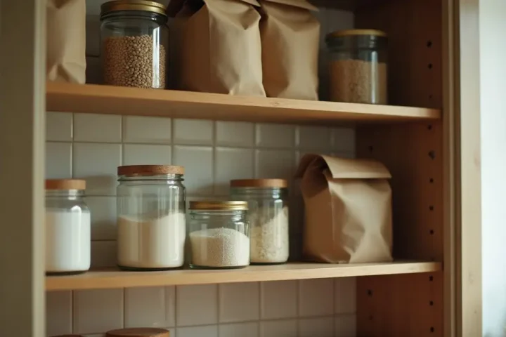 Open kitchen cupboard with plain glass jars and paper bags of dry goods on the shelves