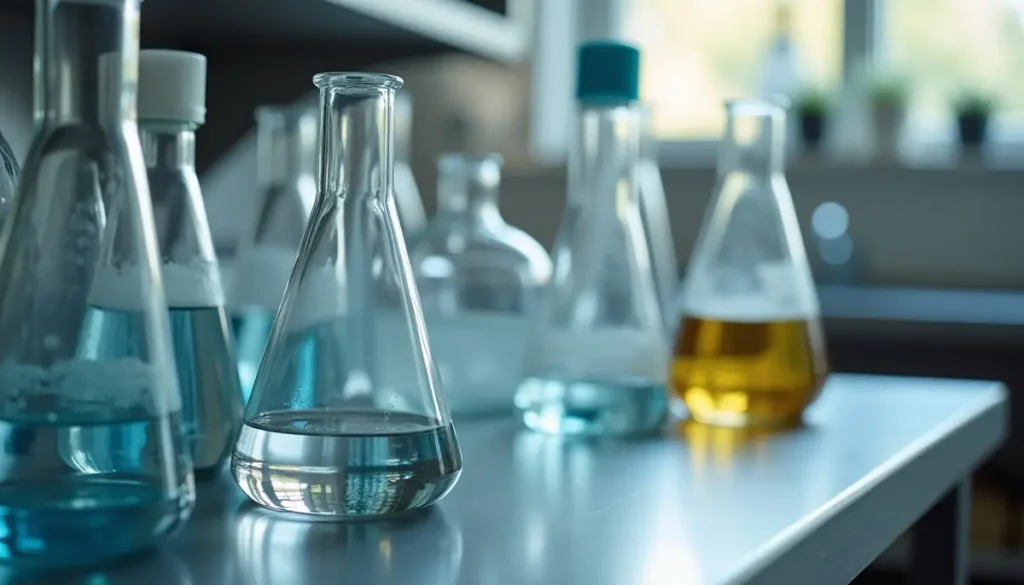 Clean laboratory glassware on a stainless steel bench under even daylight