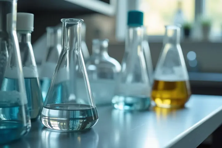 Clean laboratory glassware on a stainless steel bench under even daylight