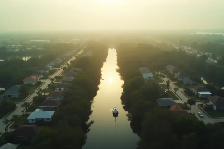Aerial view of a Florida suburb with canals and rooftops, a state with many of the densest pest control markets