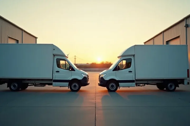 Two unmarked white service vans facing each other in a depot yard at dawn, representing the franchise choice