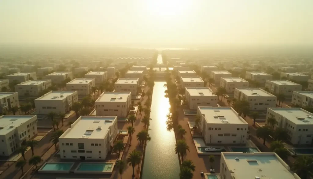 Aerial view of a flat sprawling sunbelt suburb with palm trees, canals and pale rooftops