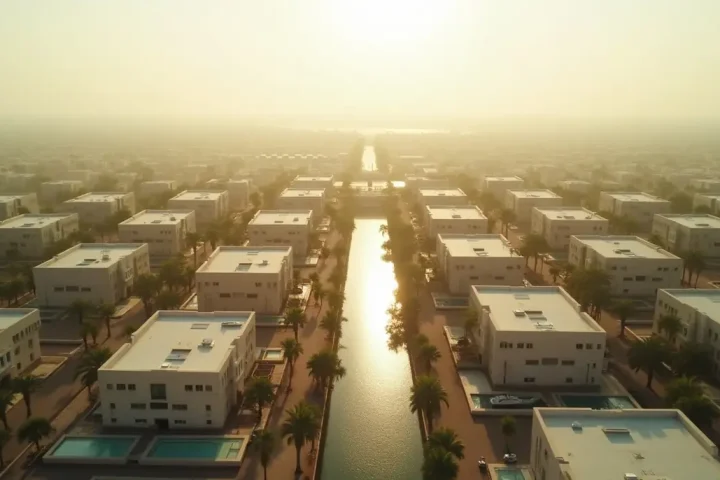 Aerial view of a flat sprawling sunbelt suburb with palm trees, canals and pale rooftops