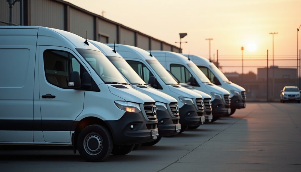 Row of identical unmarked white service vans parked in a depot yard at dawn