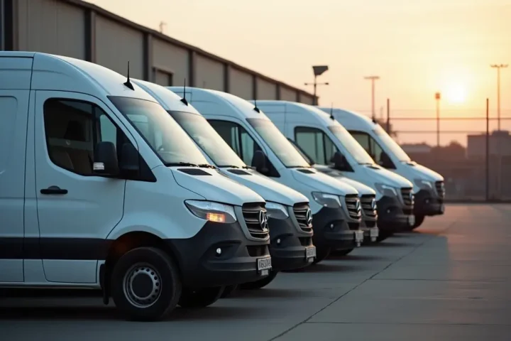 Row of identical unmarked white service vans parked in a depot yard at dawn