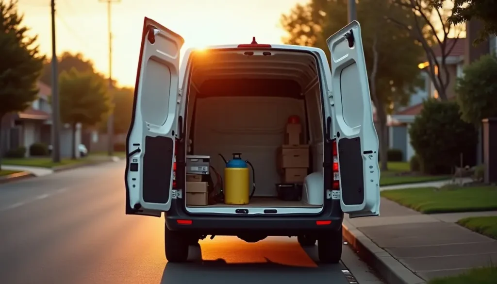 Pest control technician loading equipment into an unmarked service van on a suburban street at first light