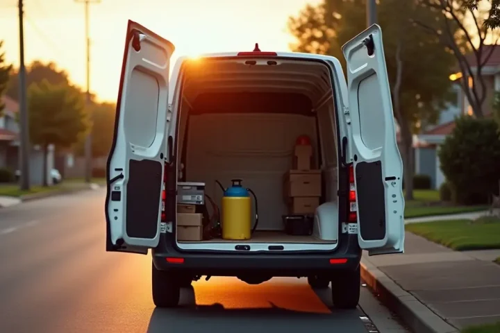 Pest control technician loading equipment into an unmarked service van on a suburban street at first light