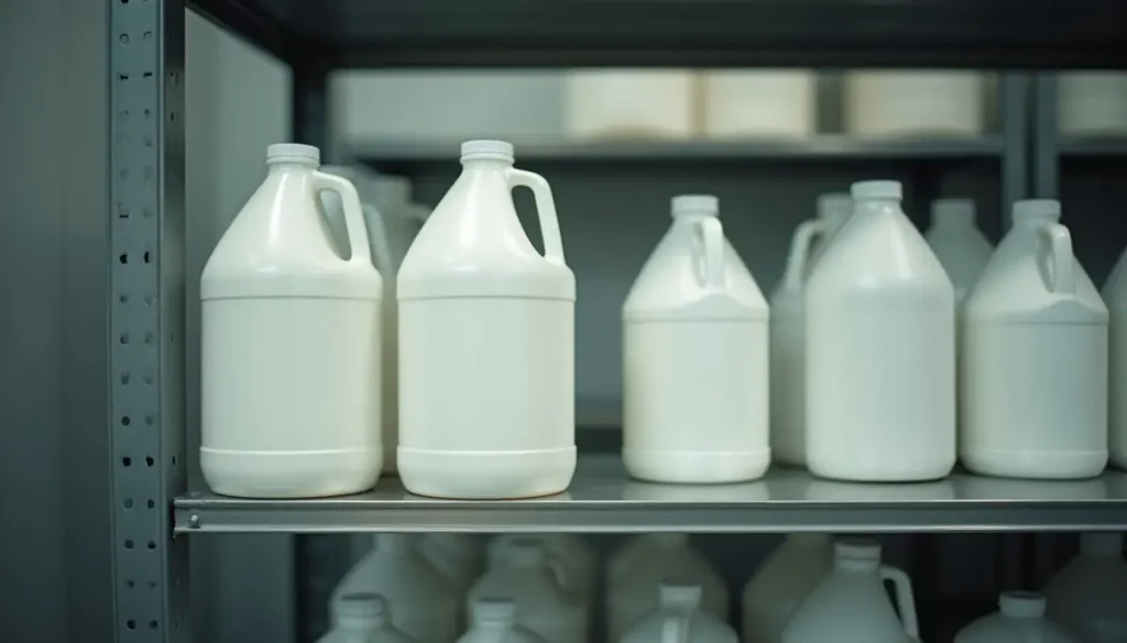 Plain unmarked white chemical containers on a steel shelf in a clean storage room