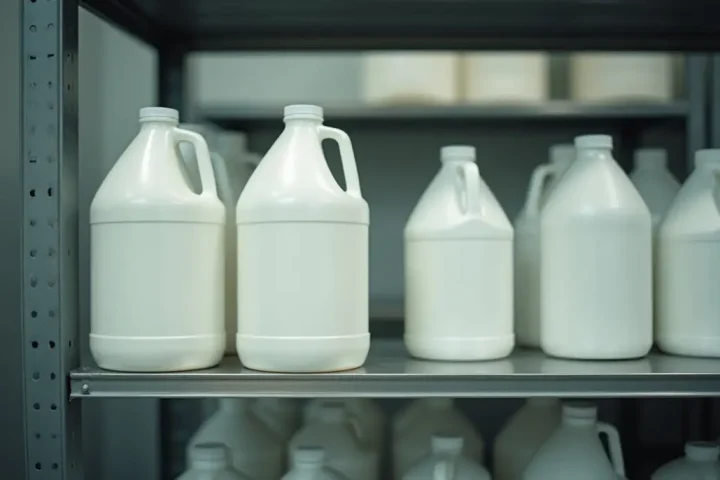 Plain unmarked white chemical containers on a steel shelf in a clean storage room