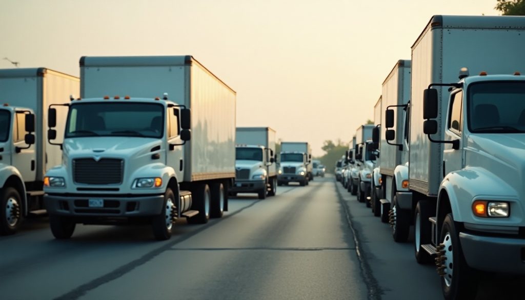 Fleet of plain white service trucks parked in neat rows on asphalt seen from above