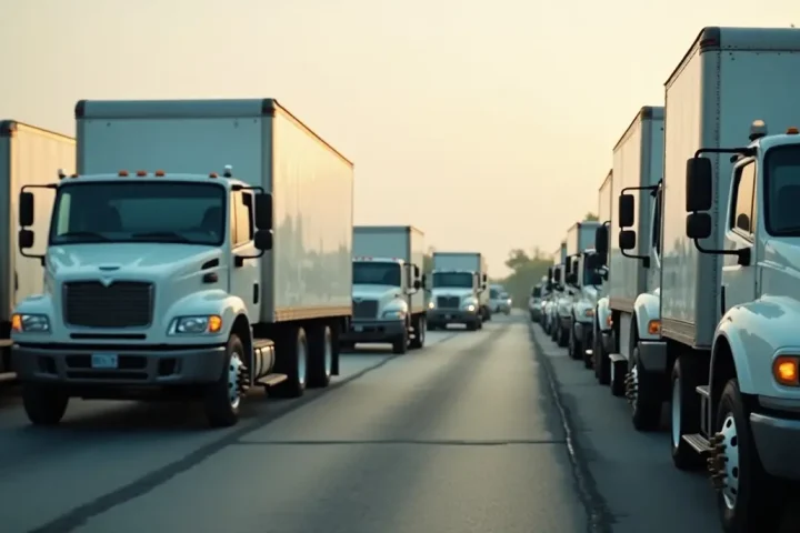 Fleet of plain white service trucks parked in neat rows on asphalt seen from above