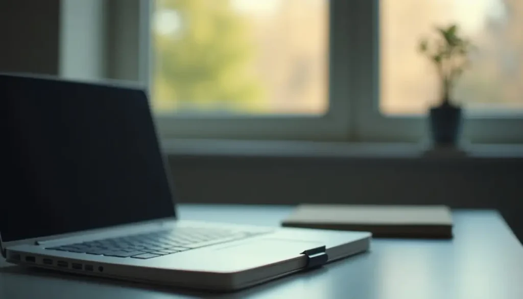 Quiet office desk by a window with a closed laptop and a plain notebook in early morning light