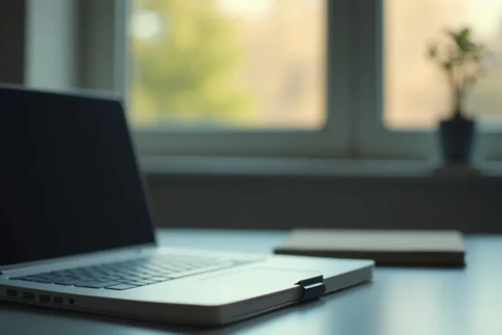 Quiet office desk by a window with a closed laptop and a plain notebook in early morning light