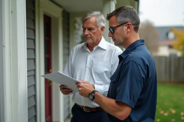 A pest control technician and homeowner reviewing an inspection clipboard at the side of a house
