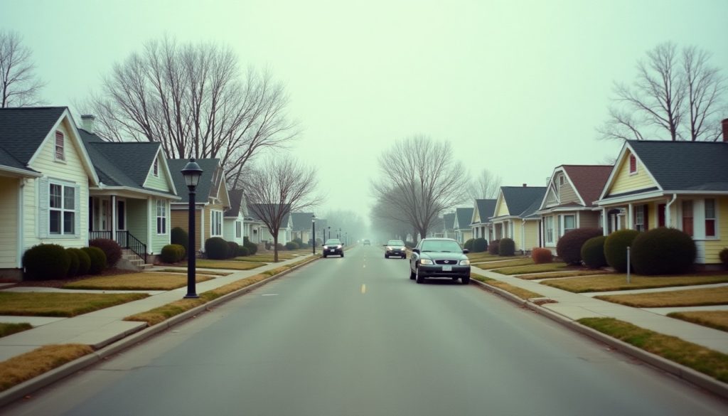 Empty suburban street of modest single family homes under flat overcast light