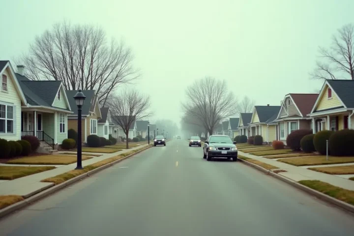 Empty suburban street of modest single family homes under flat overcast light