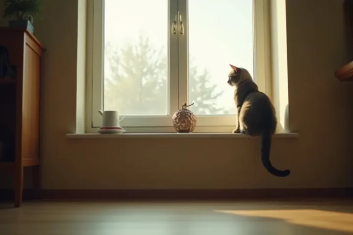 A cat sitting on a sunlit windowsill in a clean domestic living room after pest control treatment