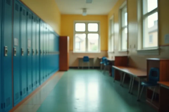 An empty school corridor with lockers and classroom doors, the setting with the strictest pest control rules