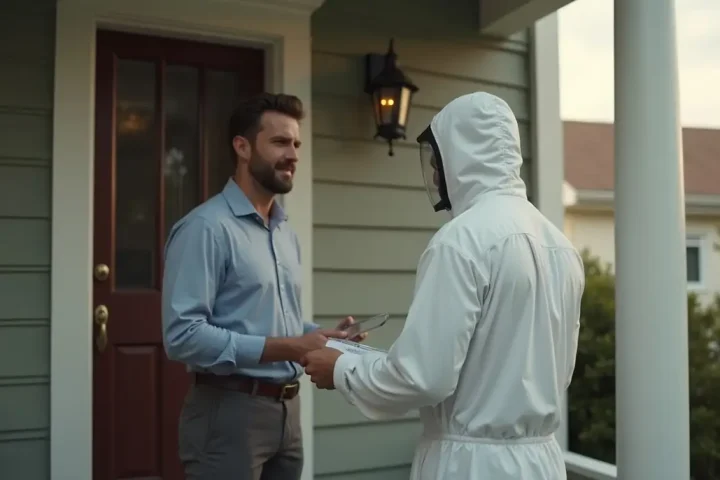 Pest control technician speaking with a homeowner at a front door during a single one-time visit