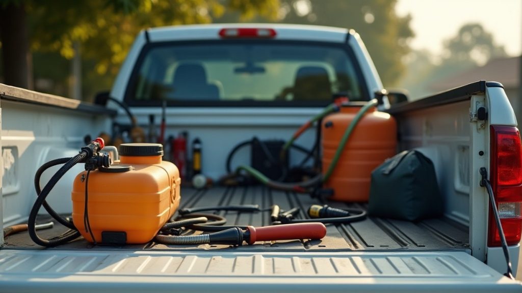 Technician's sprayer and hand tools laid out on the open tailgate of a service truck
