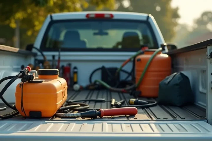 Technician's sprayer and hand tools laid out on the open tailgate of a service truck