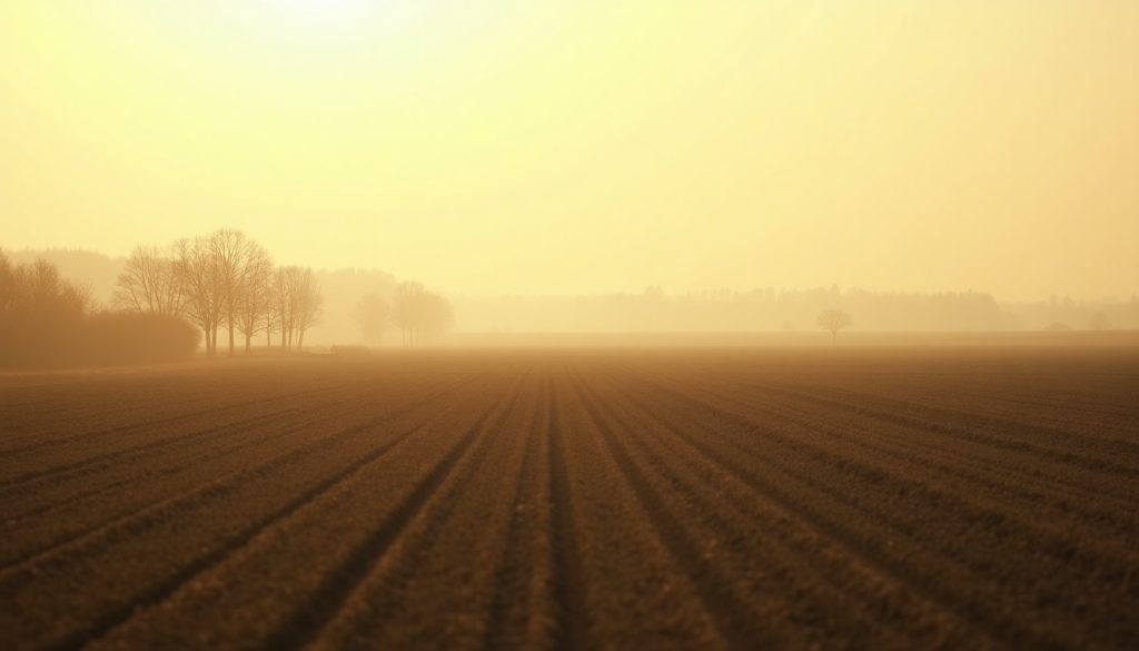 Wide flat farmland horizon under warm hazy light in late autumn with bare trees along a field edge