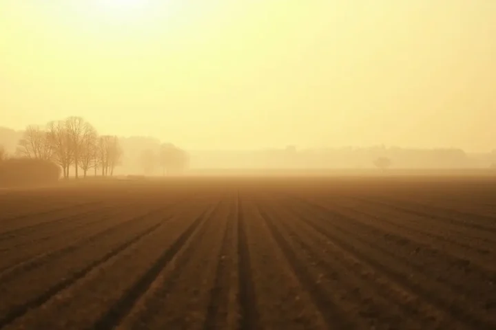 Wide flat farmland horizon under warm hazy light in late autumn with bare trees along a field edge