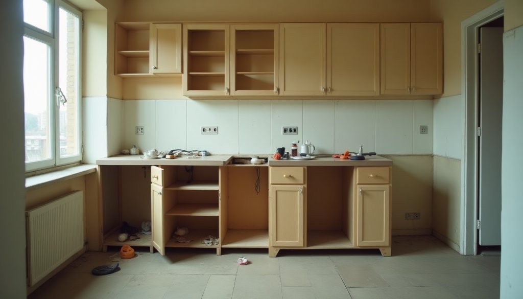 Apartment kitchen mid-repair with a base cabinet removed and tools resting on the counter