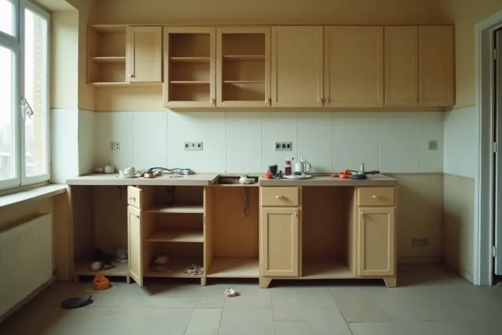 Apartment kitchen mid-repair with a base cabinet removed and tools resting on the counter