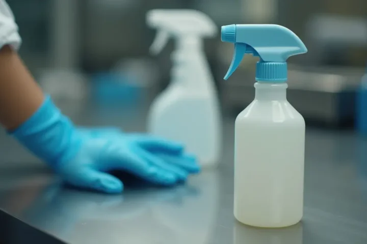Unmarked spray bottle and nitrile gloves on a laboratory bench, representing insecticide resistance testing