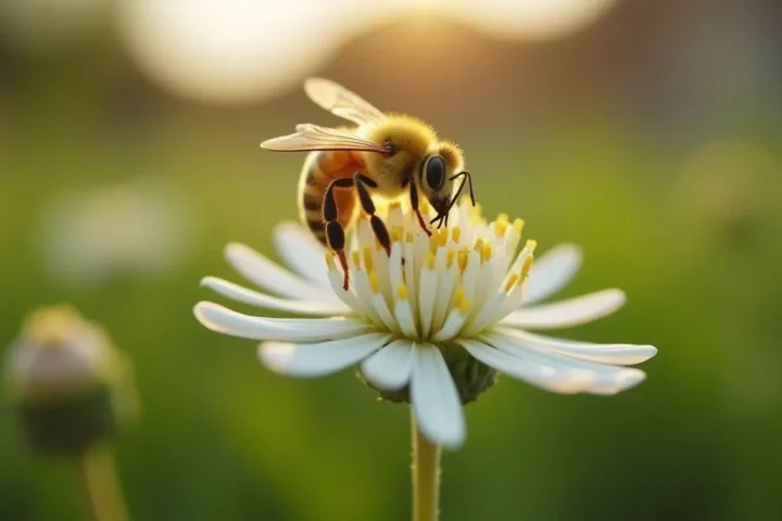 A honey bee foraging on a white clover flower in a mown suburban lawn