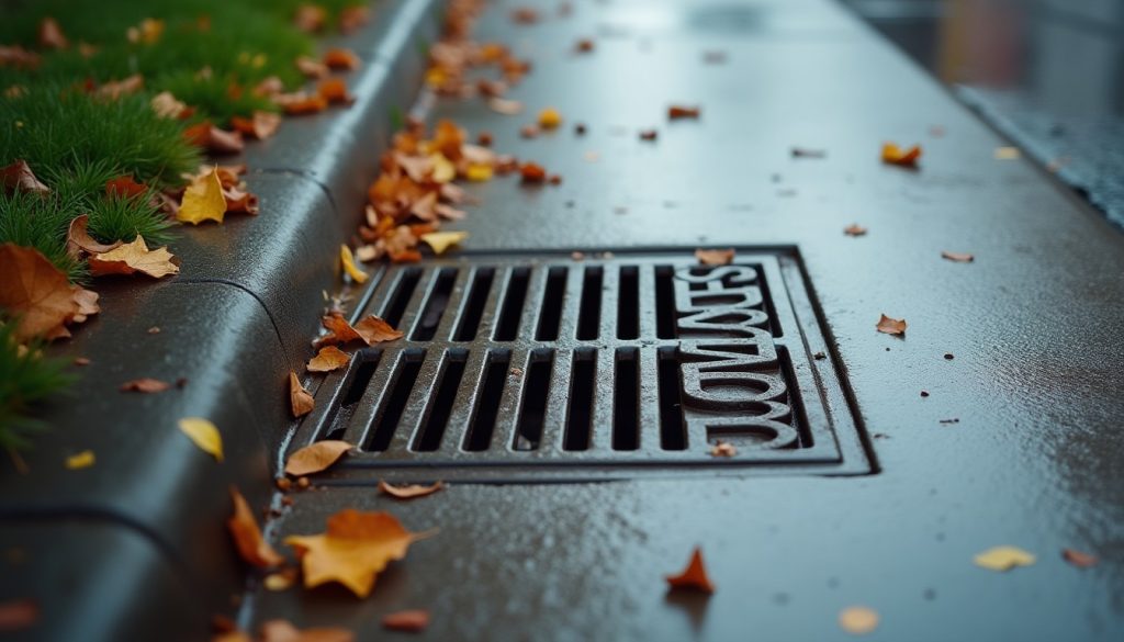 City pavement beside a kerb with a storm drain grate and wet fallen leaves after rain